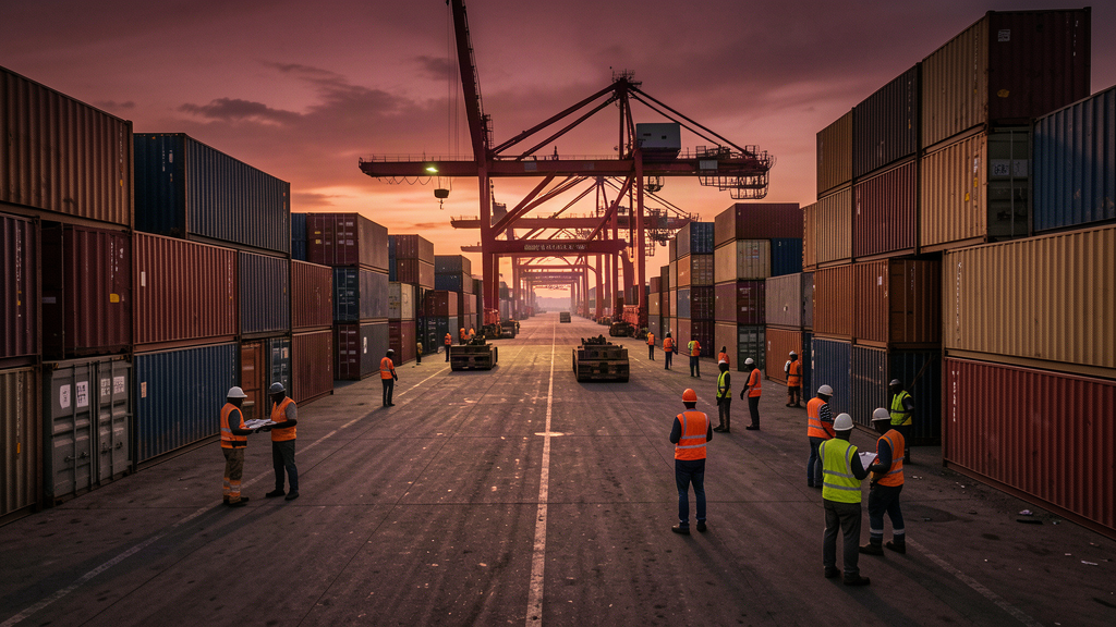 Shipping containers at Tema port at dusk, warm maroon light