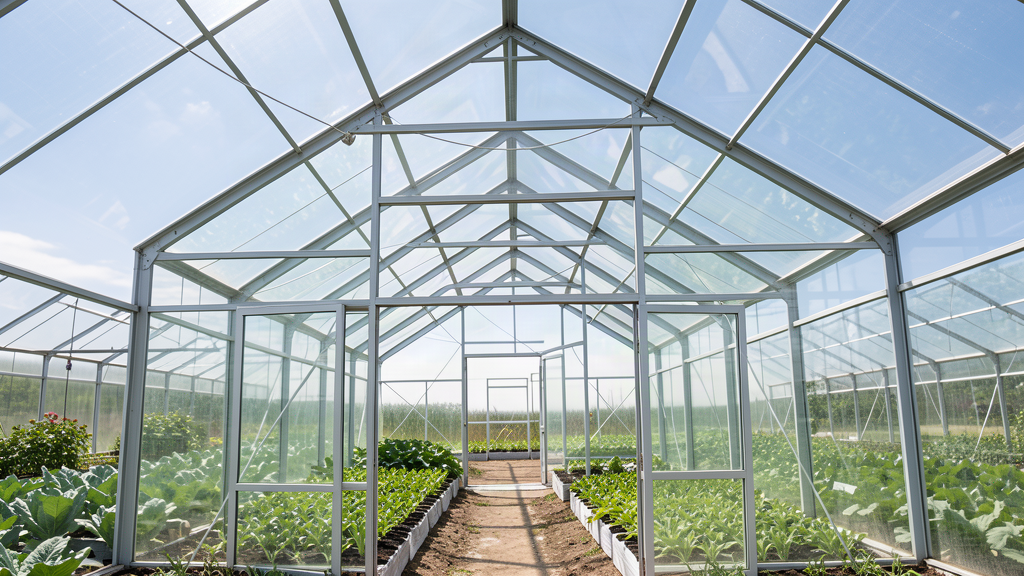 A greenhouse frame against a bright sky