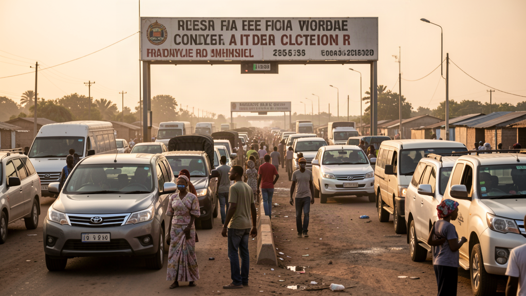 A busy land border crossing at first light